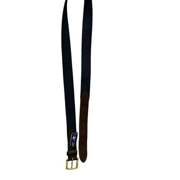 Vineyard Vines America’s Cup Navy Sailboats Canvas Club Belt Brown Leather SZ 44 - Picture 5 of 8